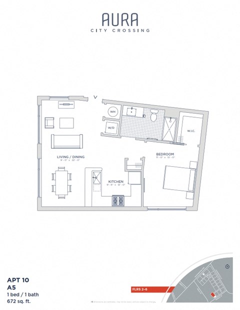 Floor plan for 1 bed, 1 bath, 672 sqft